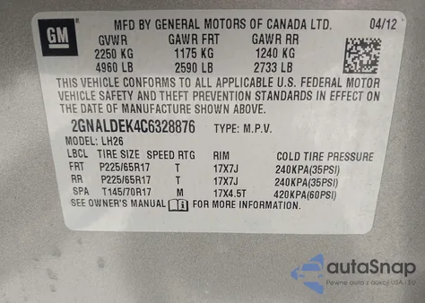 2012 Chevrolet Equinox 1Lt z USA, uszkodzony, nr VIN 2GNALDEK4C6328876